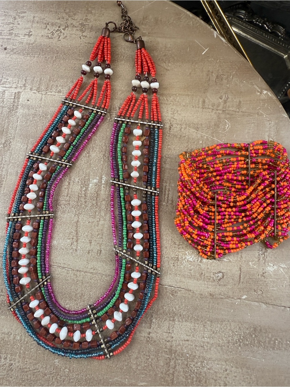 Multistrand Beaded Bib Necklace and Cuff Bracelet Set